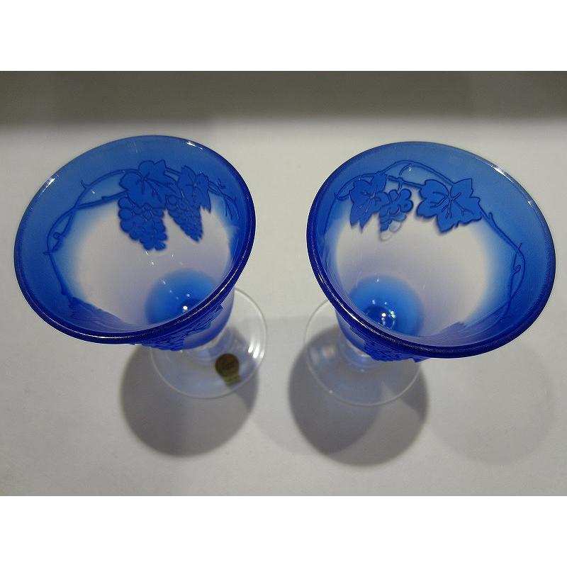 クリスタルダルク 切子グラス高杯ペア 未使用 ブルー×クリア/ぶどう 未使用】 クリスタルダルク JAPONISME 高杯ペア 箱付き未使用