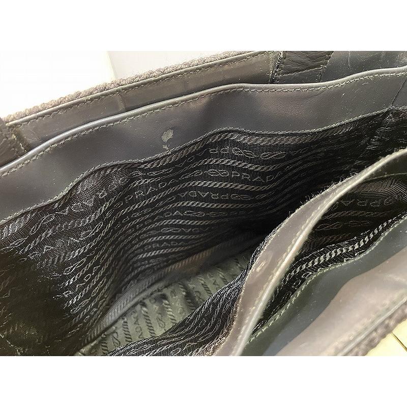 プラダ PRADA ニット カーフレザー トートバッグ ハンドバッグ グレー