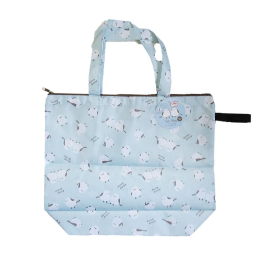 シマエナガトートバッグ エコバッグ トートバッグ ファスナー付 シマエナガ ブルー 縦38