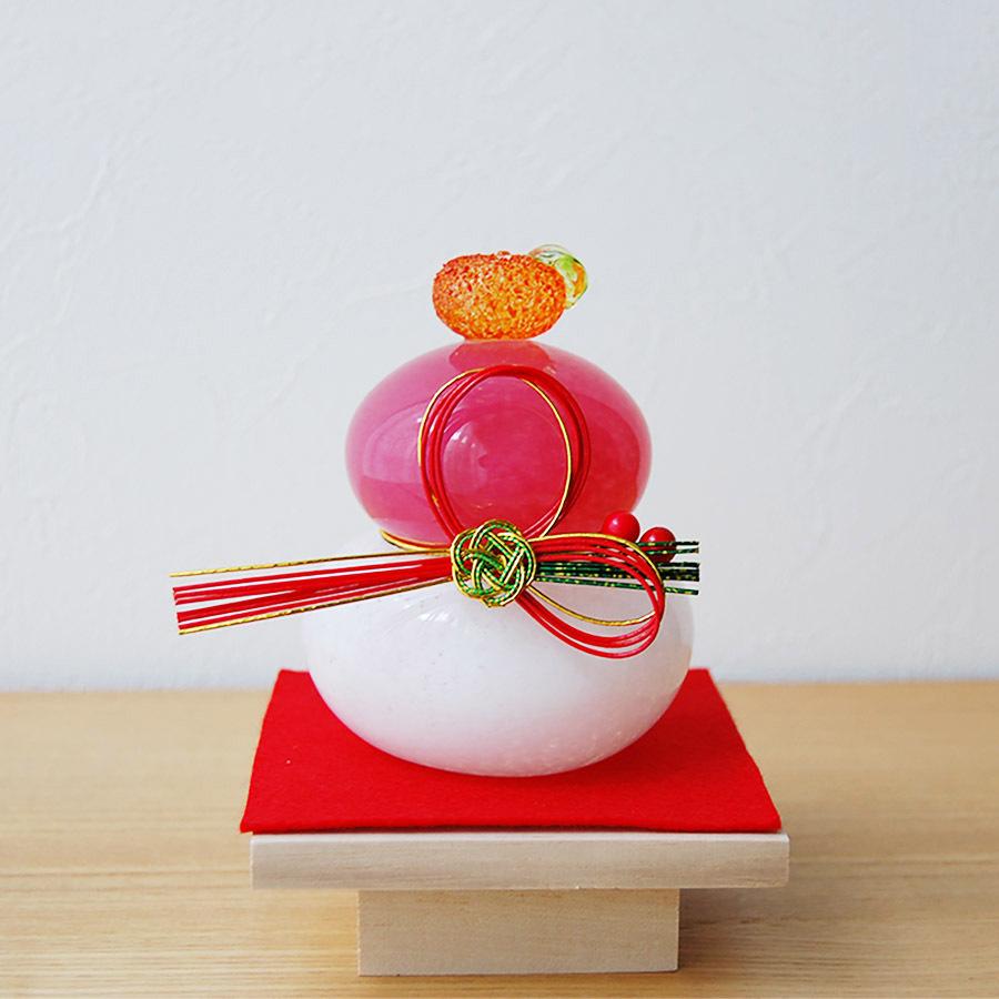 博多びーどろ粋工房 ガラスの鏡餅 紅白 小 水引・毛氈・三方付 ガラス