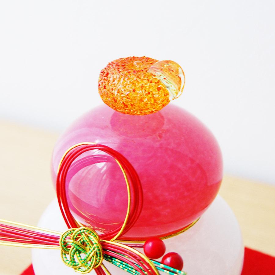 ⁡*⁡様 鏡餅　純銀製 博多びーどろ粋工房 ガラスの鏡餅 紅白 小 水引・毛氈・三方付 ガラス