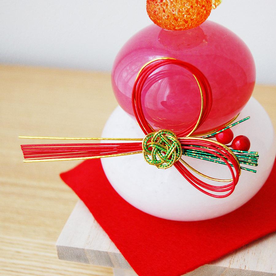 博多びーどろ粋工房 ガラスの鏡餅 紅白 小 水引・毛氈・三方付 ガラス