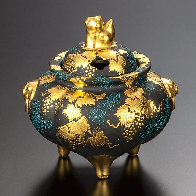 【ほぼ未使用】 三代 仲田錦玉 九谷焼 4号 香炉 渦打青粒盛金葡萄図 【GMS4080007621】(148500円)