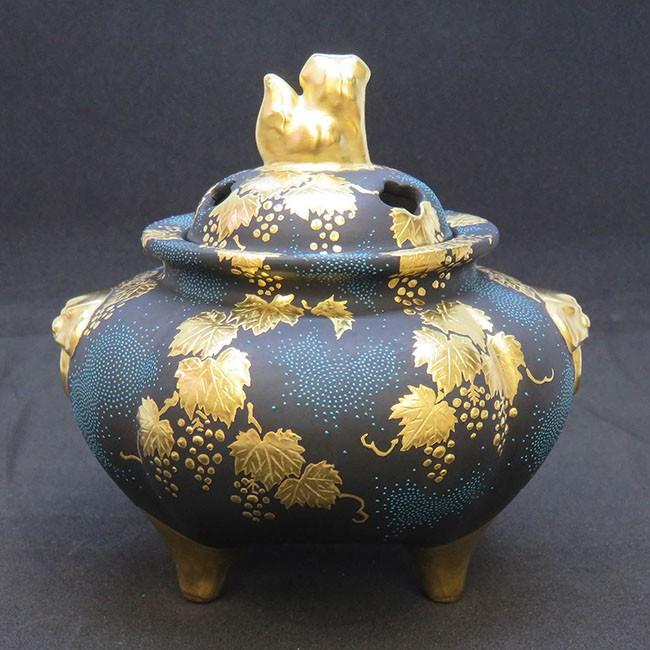 【ほぼ未使用】 三代 仲田錦玉 九谷焼 4号 香炉 渦打青粒盛金葡萄図 【GMS4080007621】(148500円)