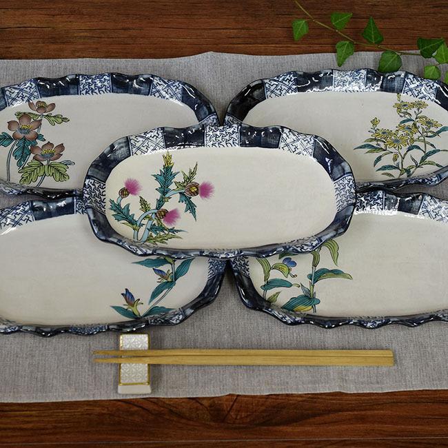 インスタ映え おしゃれ 食器 九谷焼 楕円皿5枚セット 草花絵変り K7 0075 和座倶楽部 通販 Yahoo ショッピング