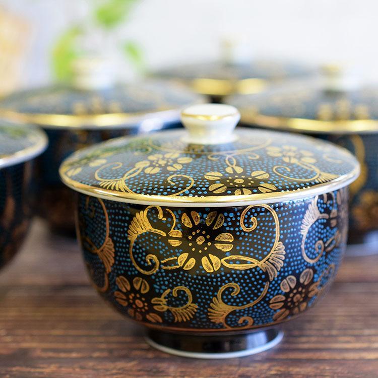 九谷焼 来客用 蓋付 湯呑み 5客セット 青粒鉄仙 和食器 湯呑み茶碗