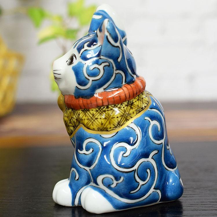開運 招き猫 置物 九谷焼 右手 招き猫 色絵唐草 開店祝い ギフト : k7 