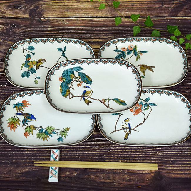 九谷仙春　八角皿5枚セット　花鳥絵変り 5.5号皿揃 花鳥絵変わり