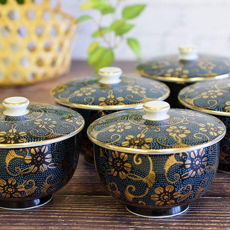 レア文字入り 九谷焼 美泉 青粒鉄仙 茶器揃 蓋付き湯呑み5客＆急須セット