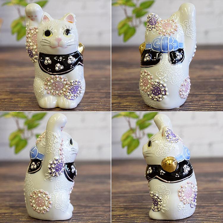 開運 右手 招き猫 置物 九谷焼 横座り招き猫 黒盛花と蝶 開店祝い