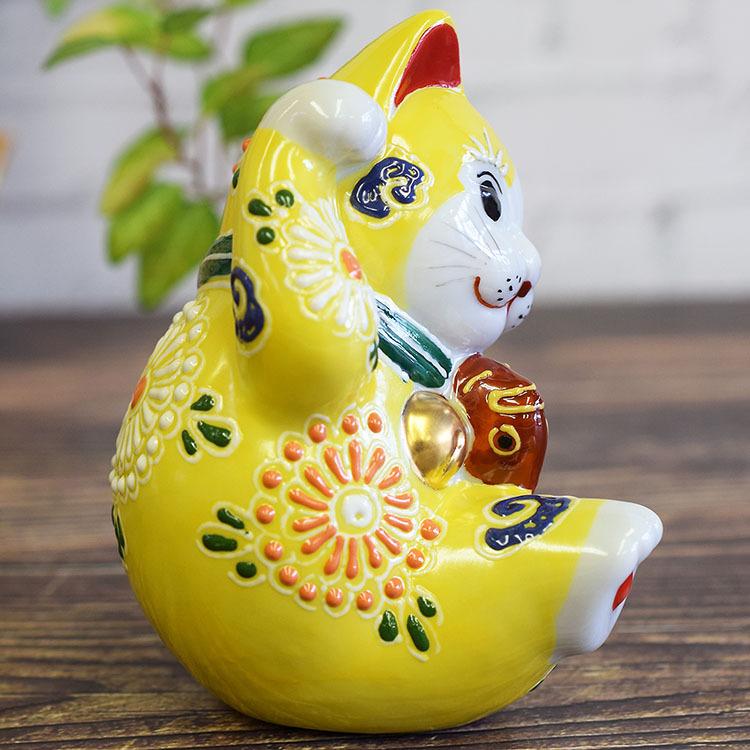 九谷焼 3.8号鯛招き猫 黄盛 鯛猫工芸品