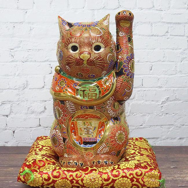 九谷焼　招き猫　左手上げ　アンティーク　座布団付き 九谷焼 開店祝い ギフト 10号 左手 招き猫 宝船 錦座布団付き : 和座