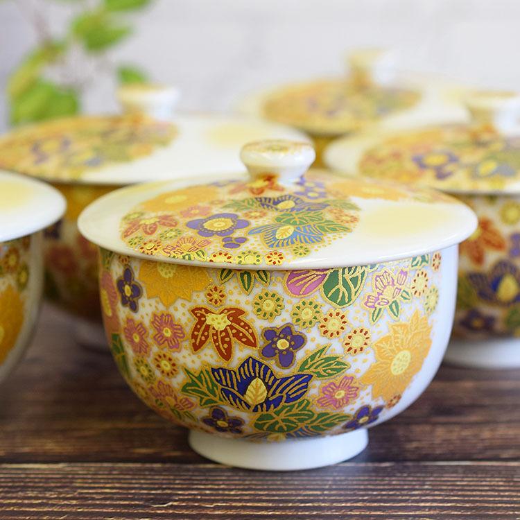 九谷焼 来客用 蓋付 湯呑み 5客セット 花詰 和食器 湯呑み茶碗 : 和座