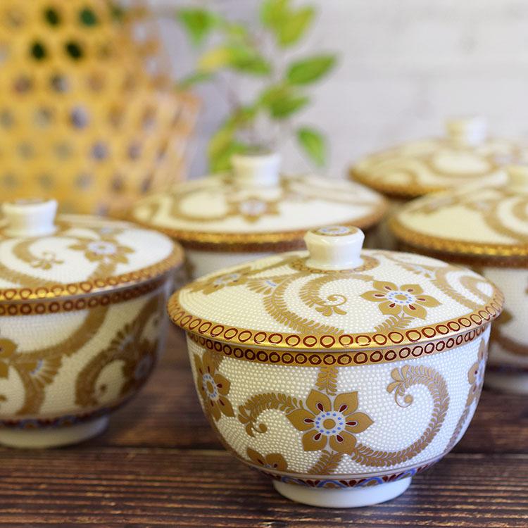 九谷焼 来客用 蓋付 湯呑み 5客セット 白粒金唐草 和食器 湯呑み茶碗