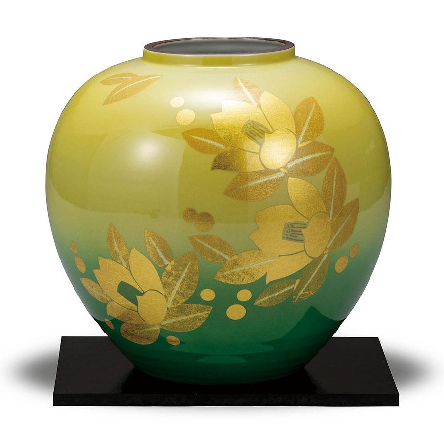 作家 山田登陽志 九谷焼 花瓶 釉裏金箔彩山茶花 (花台付き)_2