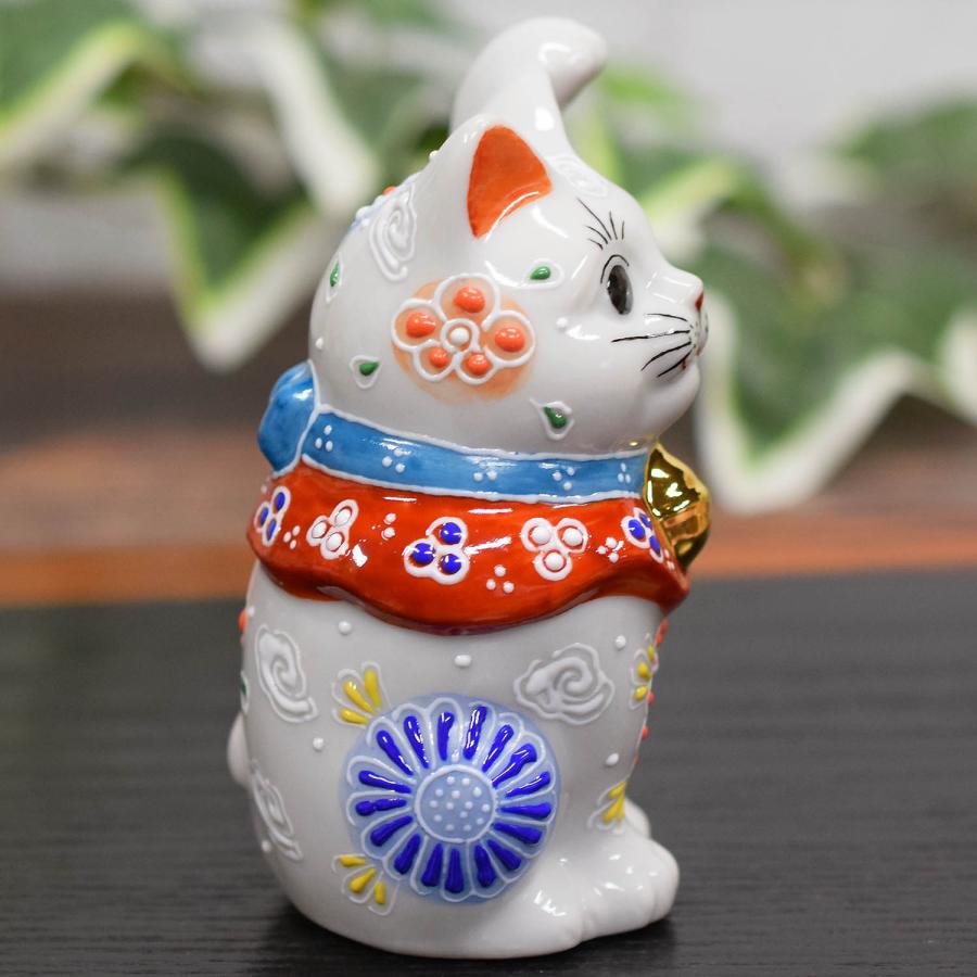 九谷焼 招き猫 置物 風水 左手 招き猫 白盛花 開店祝い 新築祝い