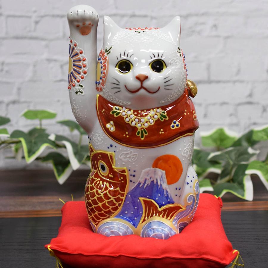 インテリア小物 九谷焼 招き猫 右手上げ 5.5号 新品箱付き 座布団付き