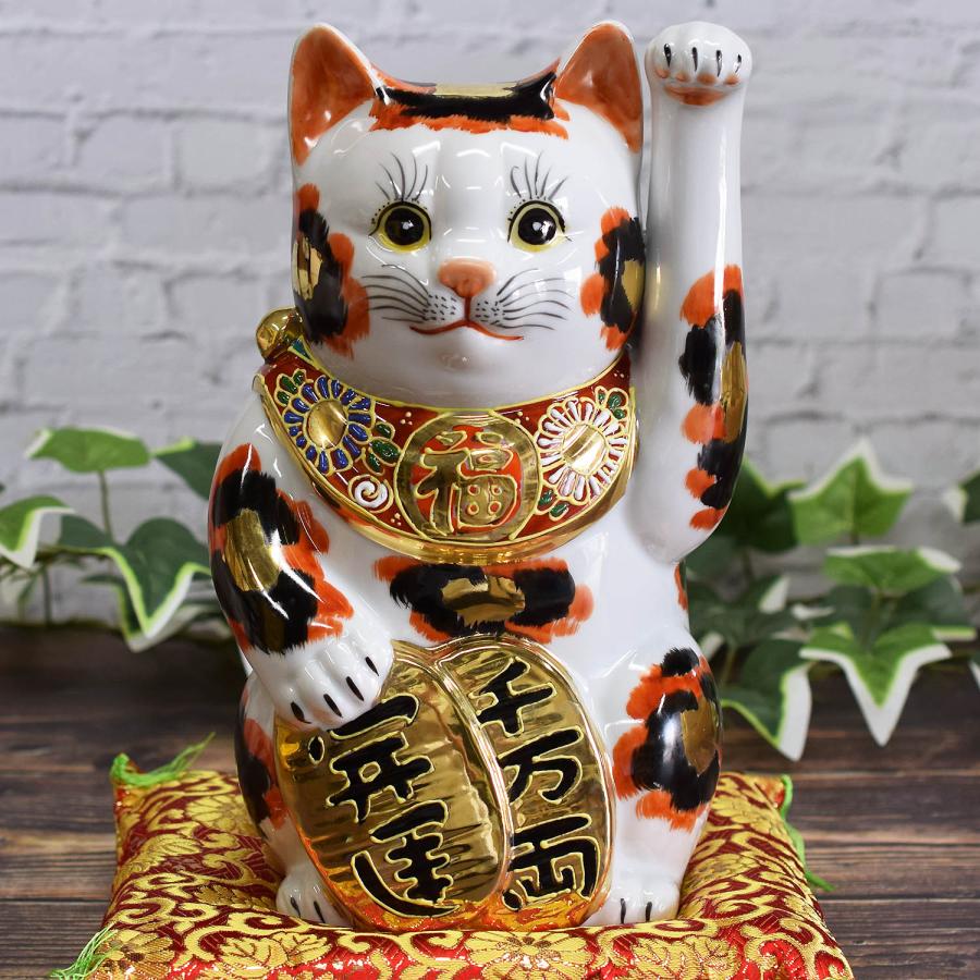 九谷焼 開店祝い プレゼント 招き猫 置物 左手招き猫 金三毛 錦座布団