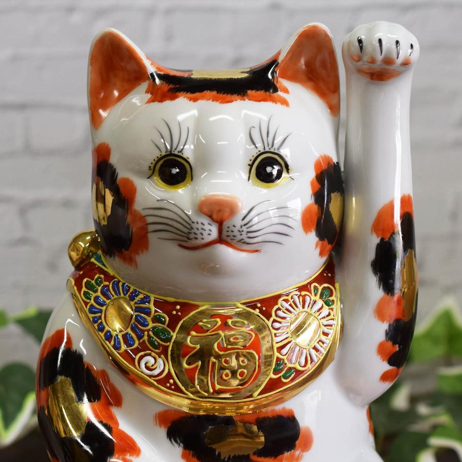 九谷焼 開店祝い プレゼント 招き猫 置物 左手招き猫 金三毛 錦座布団