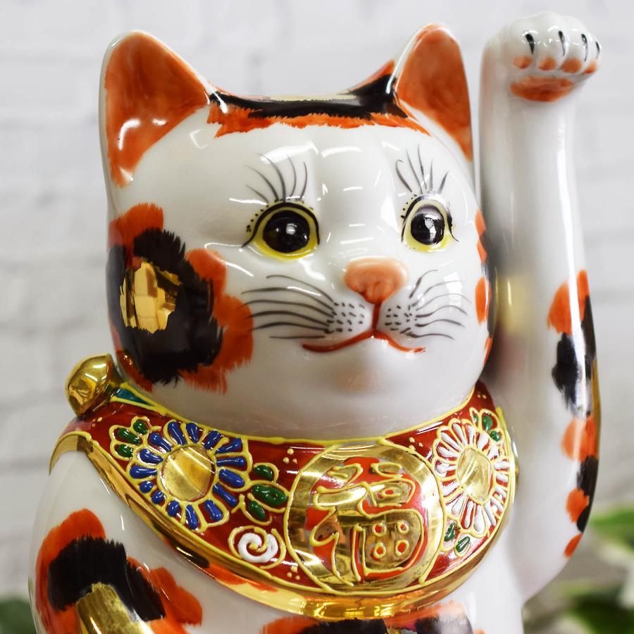 九谷焼 開店祝い プレゼント 招き猫 置物 左手招き猫 金三毛 錦座布団