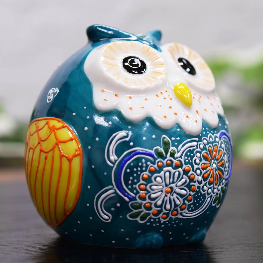 九谷焼 フクロウ 置物 陶器 ふくろう 緑青盛 風水 開運 縁起物 誕生日