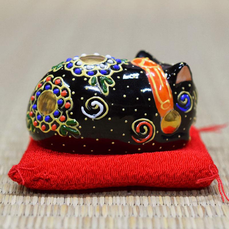 九谷焼 招き猫 置物 風水 ちび眠り猫 魔除けな黒盛くん : 和座倶楽部
