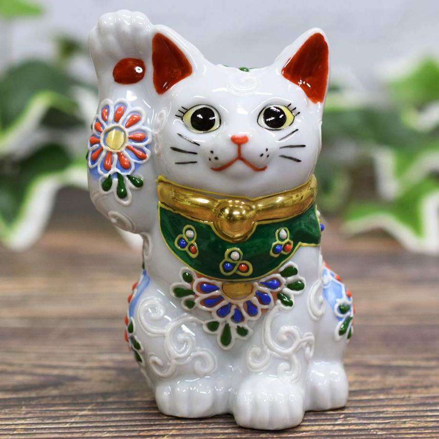 開運 招き猫 置物 九谷焼 右手 招き猫 白盛 陶器 日本製 : y7-1490