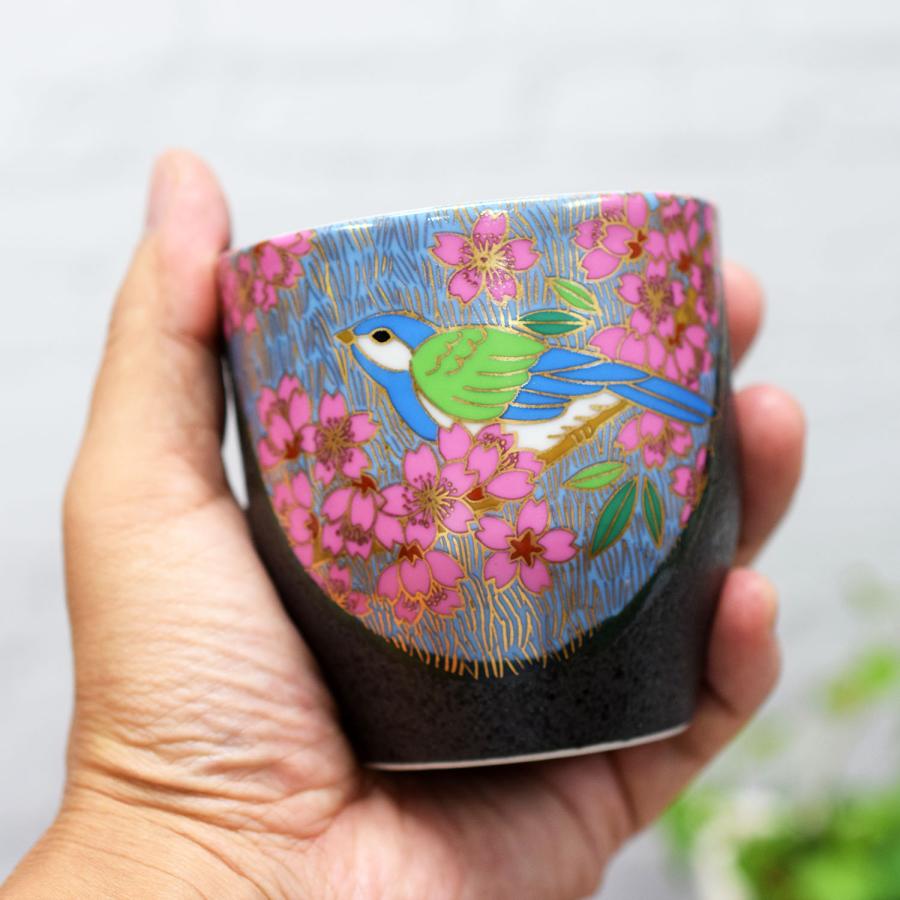 九谷焼 湯呑み 金桜花鳥 おしゃれ 高級 陶器 和食器 湯呑み茶碗 : 和座