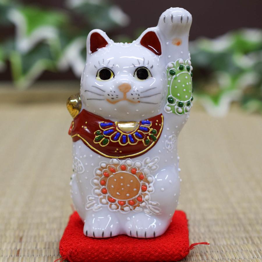 招き猫 置物 陶器 右手 左手 招き猫 白盛 九谷焼 開運 商売繁盛 座布団付｜waza｜08