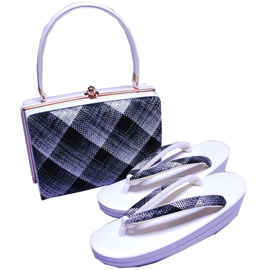 日本製 本革 草履バッグセット 帯地使用タイプ 草履 Lサイズ 黒×白  