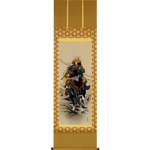 掛け軸　武者 森　雪堂 黒馬　尺八タイプ 掛け軸用品３点セット付き　床の間に合う掛け軸