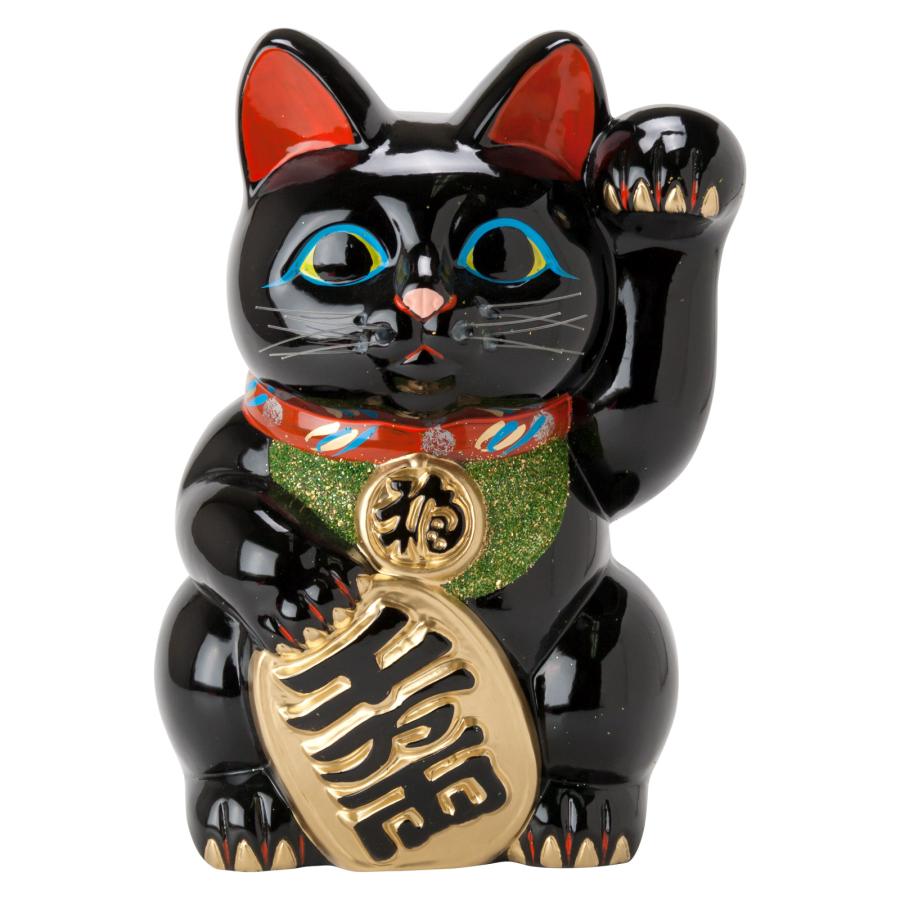 愛知 常滑焼 招き猫 8号小判黒猫貯金箱 左手上げ 高さ25cm 開運招福 家 