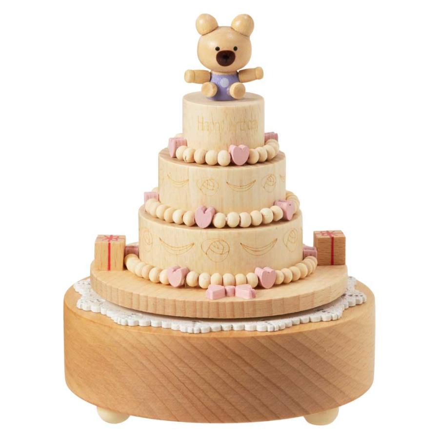 新品箱入り、バースデーケーキ木製オルゴール、お誕生日、犬 木製回転オルゴール バースデーケーキ ブナ材 オルゴール 回転 木製