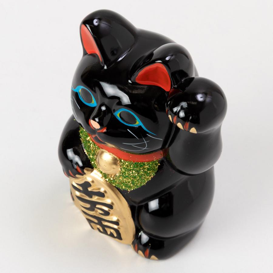 常滑焼 招き猫 5号小判黒猫貯金箱 左手上げ 高さ16cm 開運招福 家運 