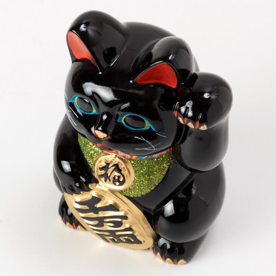 常滑焼 招き猫 7号小判黒猫貯金箱 左手上げ 高さ23cm 開運招福 家運 