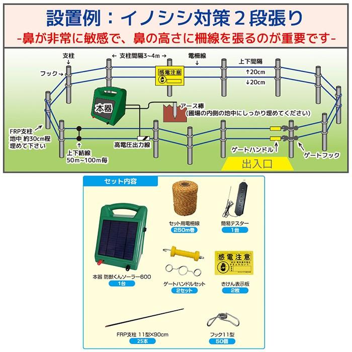 電気柵 ソーラー600防獣くん お手軽100mセット 2段張り/3段張り 家庭