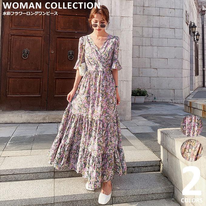 ワンピース 春 きれいめ ロング 花柄 半袖 Vネック メール便送料無料 おしゃれ かわいい マキシ丈 パープル レッド フリーサイズ Opl 124 Woman Collection 通販 Yahoo ショッピング