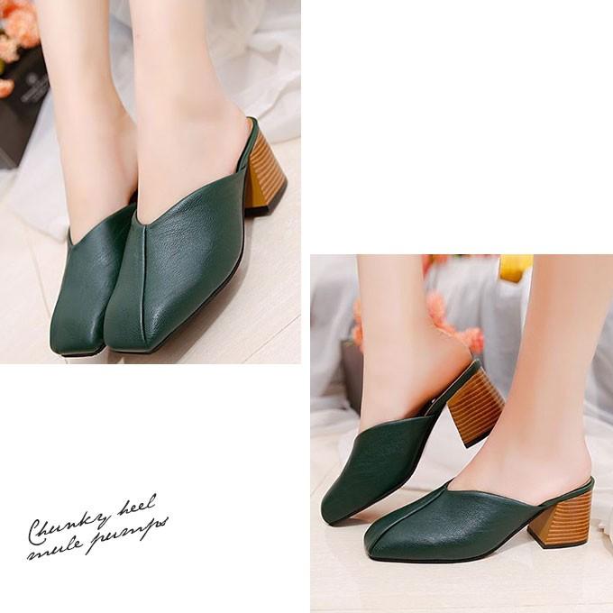 ミュールパンプス ヒール 秋 パンプス かかとなし レディース スクエアトゥ 履きやすい Vカット サンダル
