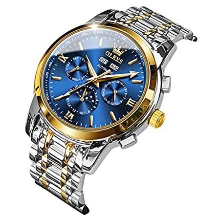 高品質の人気 ステンレススチール ドレス ラグジュアリー 機械式 自動巻き メンズ 腕時計 OLEVS 防水 ブルー 腕時計 ムーンフェーズ 夜光 腕時計