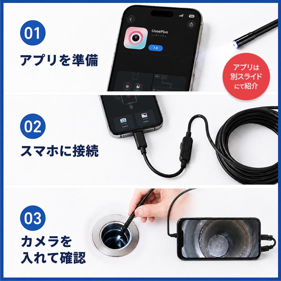ファイバースコープ 内視鏡カメラ 1m 3m 5m 10m スマホ iPhone android LED USB接続 修理 配管修理 工事 スネークカメラ 防水 ライト | ブランド登録なし | 03