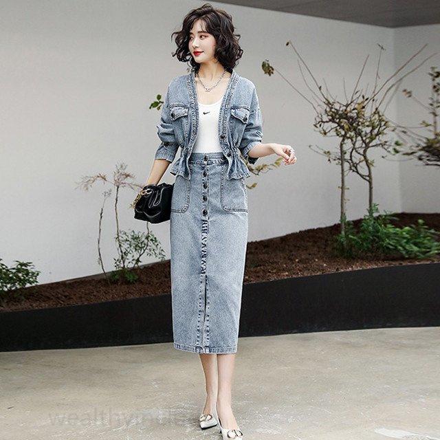 今季ブランド ファッション レディース セットアップ 代 長袖 ノーカラー デニム ジャケット 秋 春 カジュアル 女性 スカート デニムジャケット 50代 40代 30代 長袖 サイズ Xl