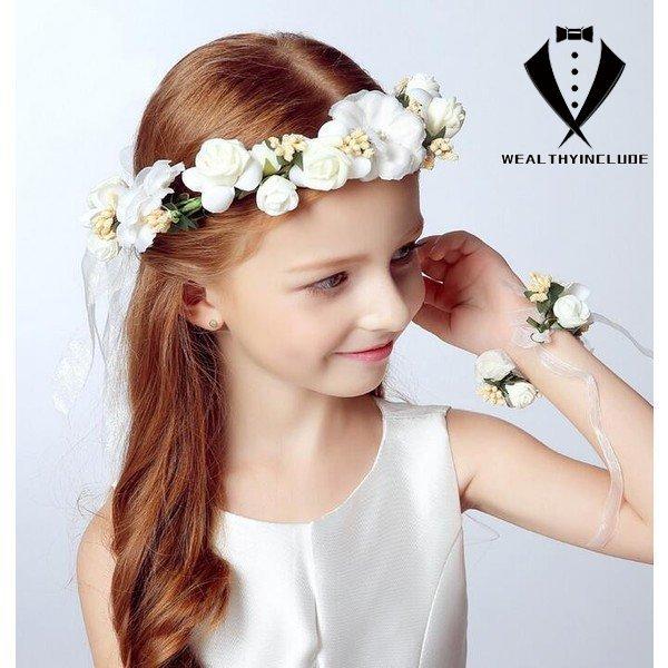 子供花輪 腕輪 2点セット ドレス花冠 ヘアバンド ヘッドドレス フラワーガール ヘアアクセサリー ドレス髪飾り 結婚式 ピアノ発表会 パーディー 感謝価格