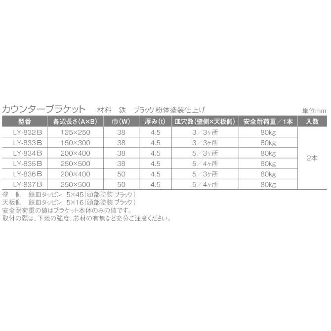 棚受け 金具 カウンター ブラケット 鉄製 ブラック LY-834B 2本入り L
