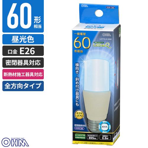 オーム電機 LED電球 T形 E26 60W形相当 昼光色 全方向タイプ 断熱材