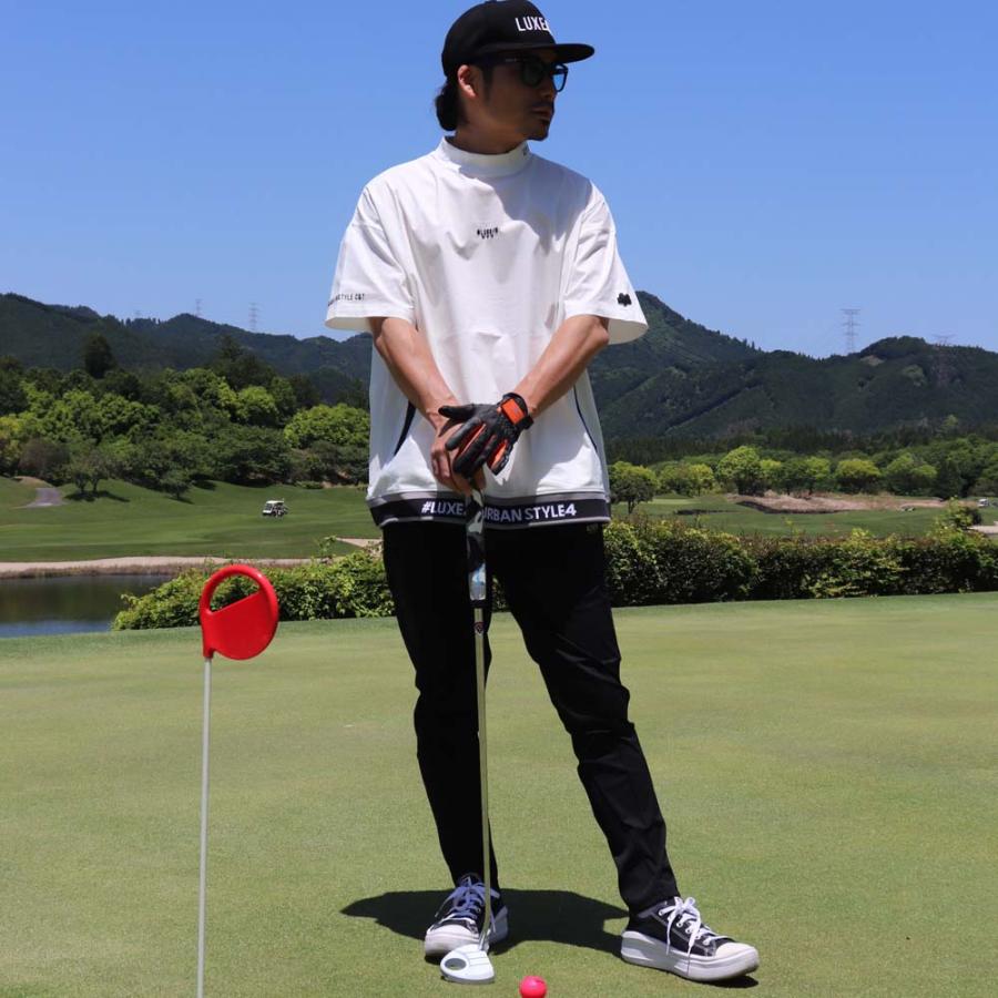 ゴルフウェア Tシャツ メンズ レディース 半袖 ラグジュゴルフ LUXE/R GOLF ストレッチ ブロード ロゴ プリント リブ仕様 モックネック ゆったりサイズ 2024 夏｜webcomplete｜02