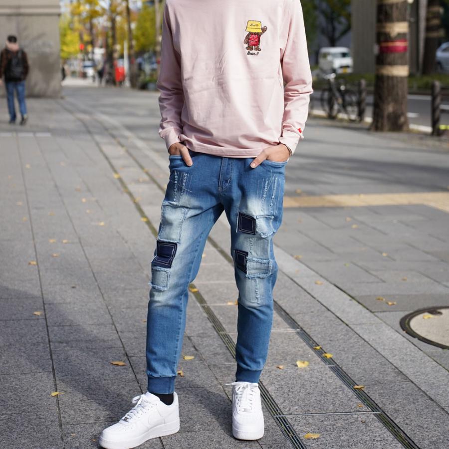 LUXE/R ラグジュ ジョガーパンツ メンズ レディース デニム ストレッチ スキニー ジーンズ クラッシュ ダメージ リメイク ユーズド加工 男女兼用 M L XL | LUXE/R | 01