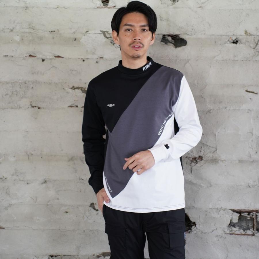 ラグジュゴルフ LUXE/R GOLF ゴルフウェア メンズ レディース 長袖Tシャツ  ストレッチ スムース モックネック  ななめ切り替え ロゴ刺繍 | LUXE/R | 01