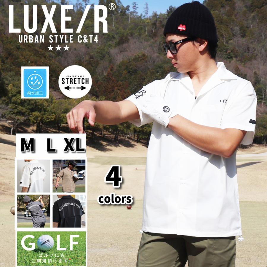 LUXE/R GOLF ラグジュゴルフ オープンシャツ メンズ レディース 半袖 ゴルフウェア ストレッチ ブロード ロゴ プリント 撥水加工 ゆったりサイズ 2025夏 | LUXE/R