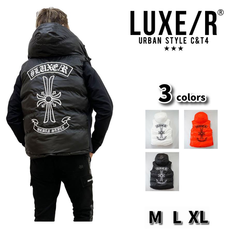 中綿 ベスト パーカー  LUXE/R ラグジュ メンズ レディース 男女兼用 ユニセックス クロス 刺繍  M L XL | LUXE/R