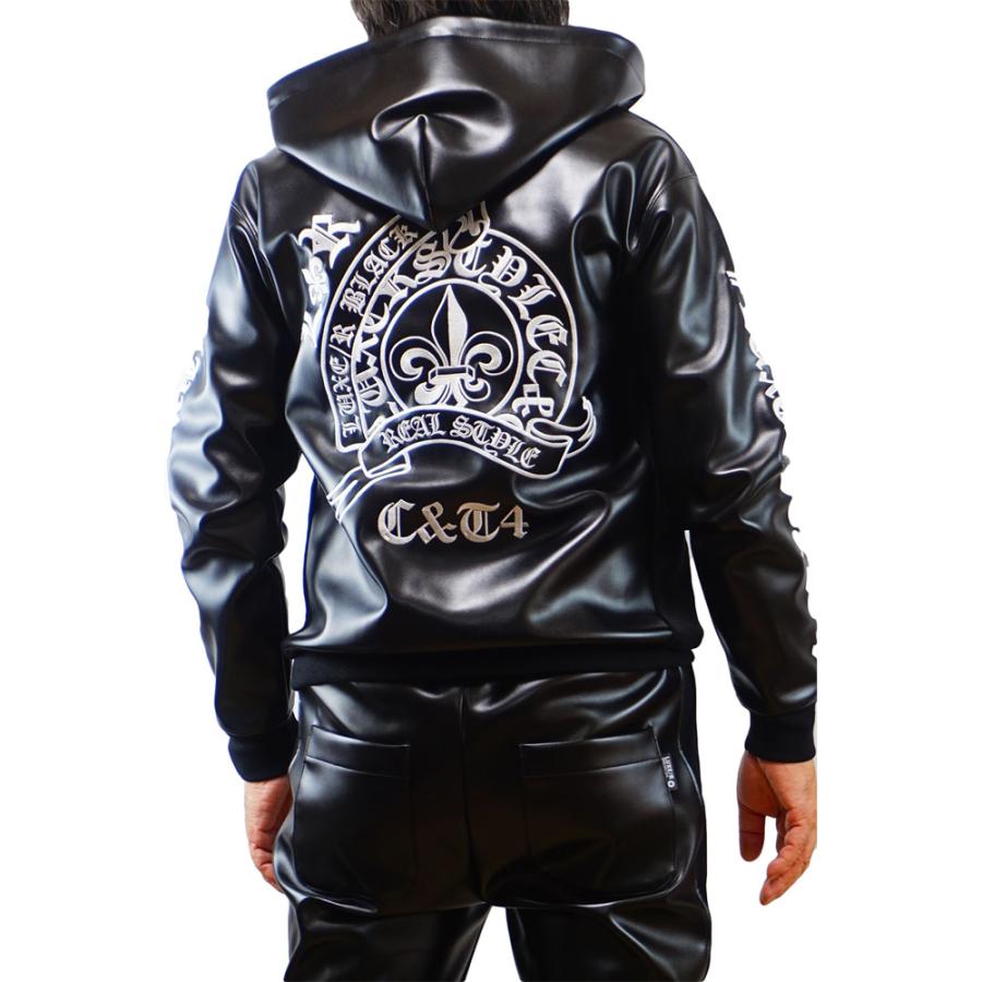 フェイクレザー PUレザー パーカー メンズ レディース 男女兼用 ユニセックス ジップアップ  刺繍  LUXE/R ラグジュ M L XL セットアップ可能 | LUXE/R | 03